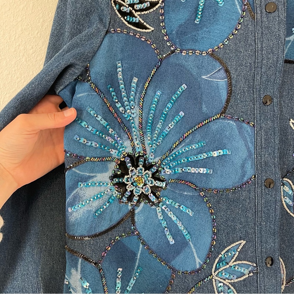 Vintage Anage Jean Jacket with Floral and Beaded Embellishments - Picture 10 of 13